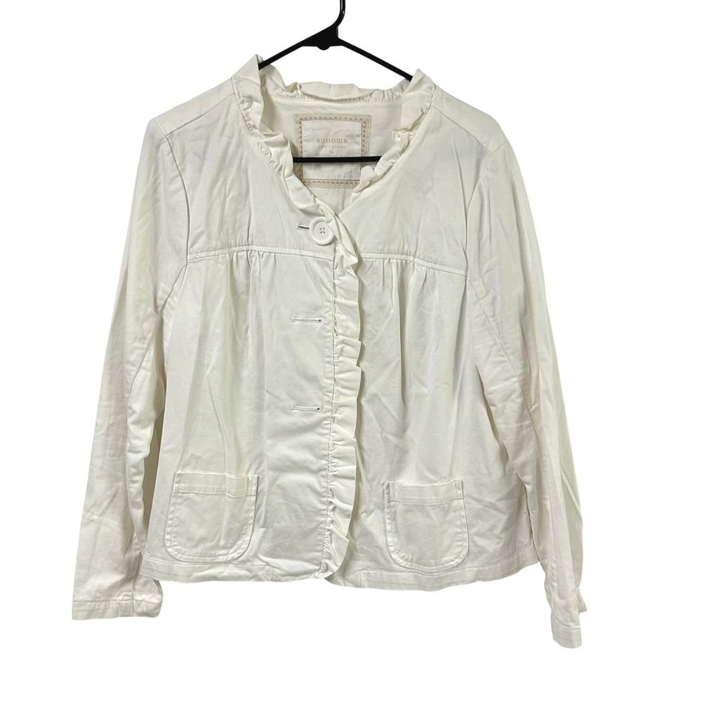 White Ruffle Cotton Jacket Lightweight Button Front Women's XL Stretch Romantic